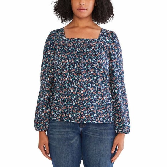 Lucky Brand Flowy Top Womens Navy Square Neck Boho Floral Long Sleeves NWT - Picture 4 of 6